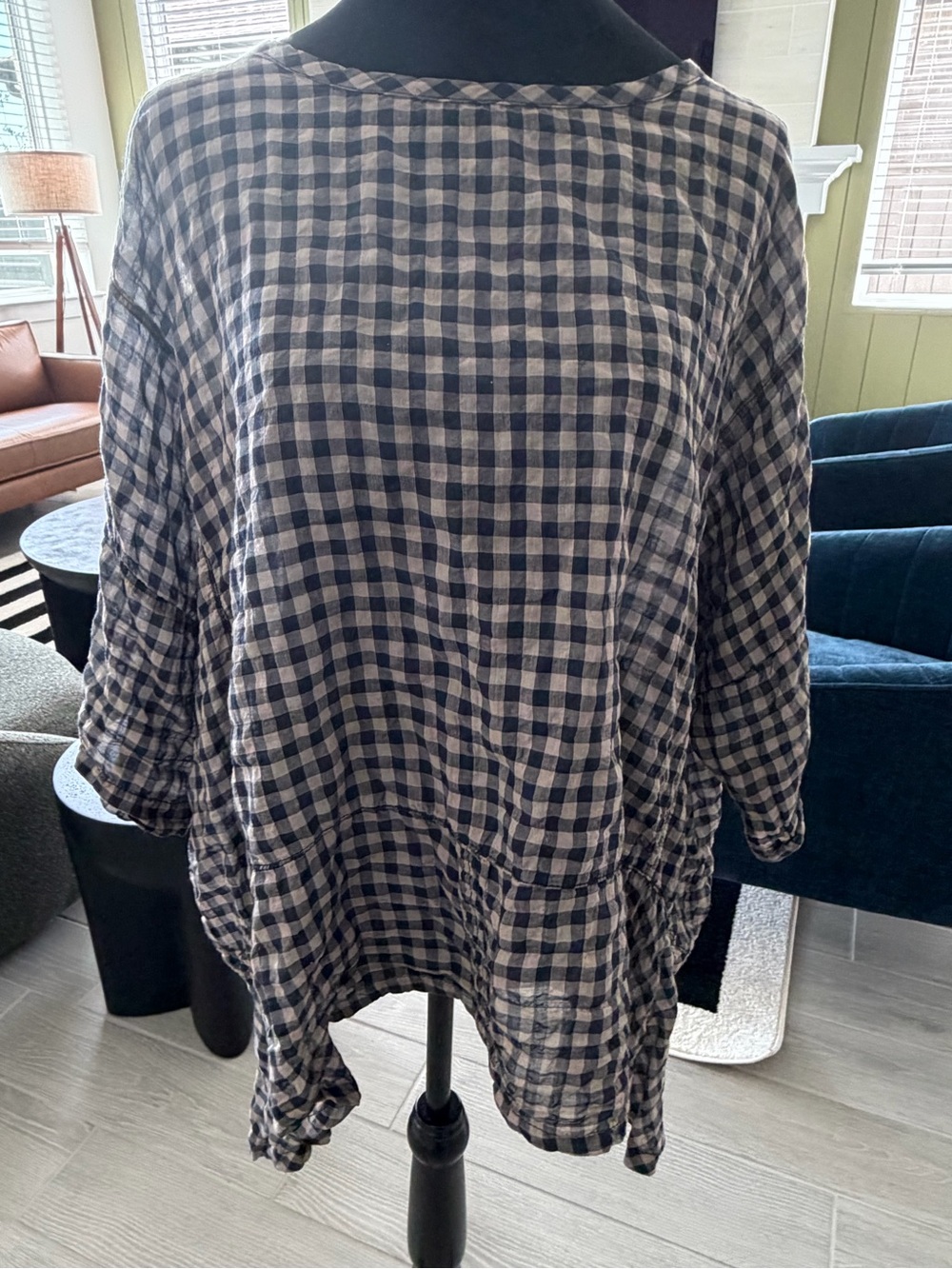 DRESS TO KILL Blue and Cream Gingham Lagenlook Top One Size VGUC
